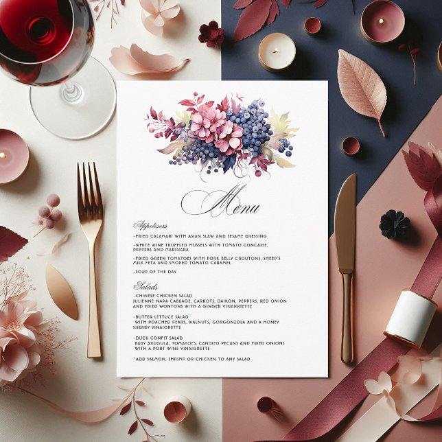 Burgundy, Navy & Blush Wine Tasting Floral Wedding Menu (Burgundy, Navy and Blush Wine Tasting Floral Wedding Menu)