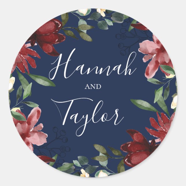 Burgundy Navy Botanical Wreath Wedding Classic Round Sticker (Front)
