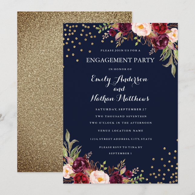 Burgundy Navy Confetti Floral Engagement Party Invitation (Front/Back)