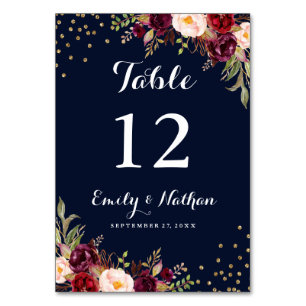 Burgundy Navy Confetti Floral Wedding Table Number