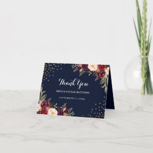 Burgundy Navy Confetti Floral Wedding Thank You Card