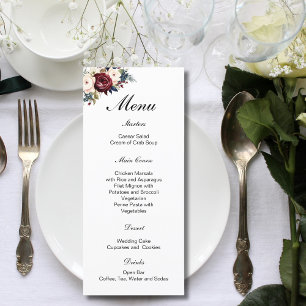 Burgundy Navy Cream Floral Botanical Wedding  Menu