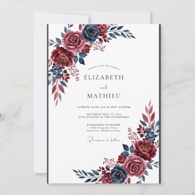 Burgundy Navy Dramatic Winter Wedding Invitation (Front)