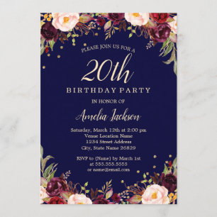 Burgundy Navy Elegant Floral 20th Birthday Party Invitation