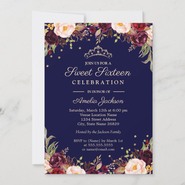 Burgundy Navy Elegant Floral Sweet Sixteen Invitation (Front)