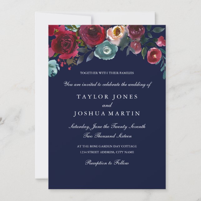Burgundy Navy Elegant Floral Wedding Invitation (Front)
