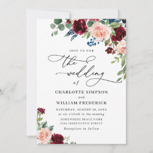 Burgundy Navy Eucalyptus Roses Greenery Wedding Invitation