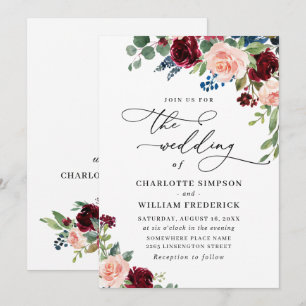 Burgundy Navy Eucalyptus Roses Greenery Wedding Invitation