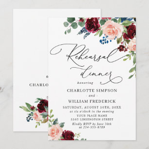 Burgundy Navy Eucalyptus Roses REHEARSAL DINNER Invitation