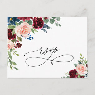 Burgundy Navy Eucalyptus Roses Wedding RSVP Postcard