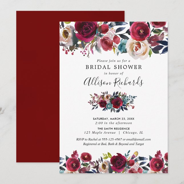 burgundy navy fall floral watercolor bridal shower invitation (Front/Back)
