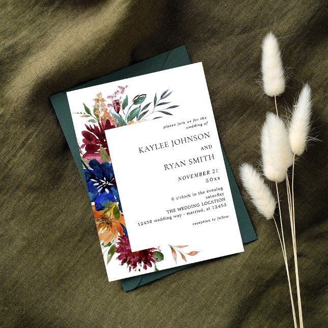 Burgundy & Navy Fall Floral Wedding V2 Invitation (Creator Uploaded)