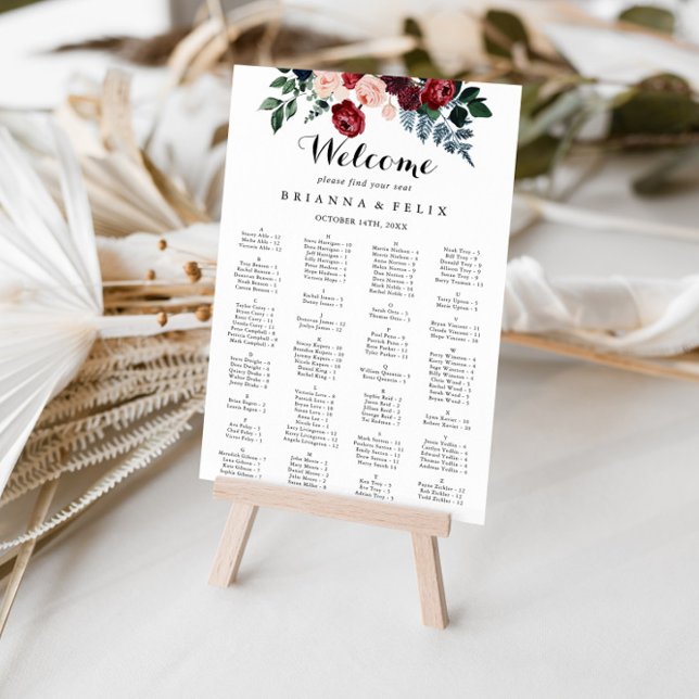 Burgundy Navy Floral Alphabetical Seating Chart (Creator Uploaded)