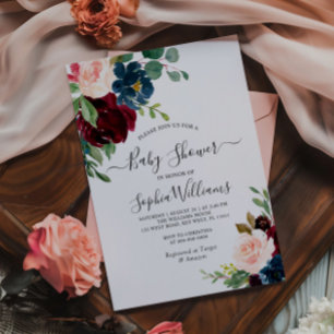 Burgundy & Navy Floral Baby Shower Invitation