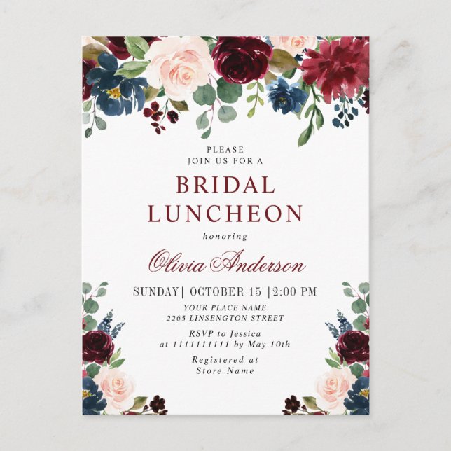 Burgundy Navy Floral BRIDAL  LUNCHEON Invitations (Front)