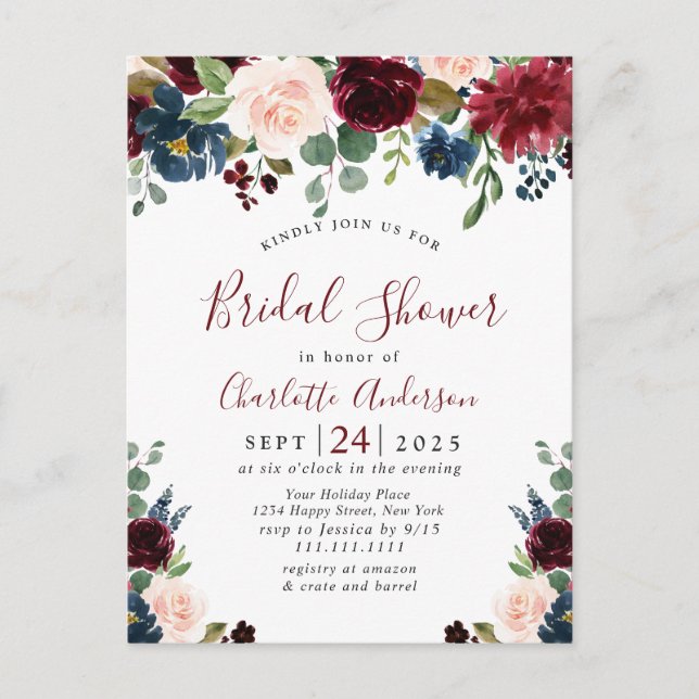Burgundy Navy Floral Bridal Shower Invitations (Front)