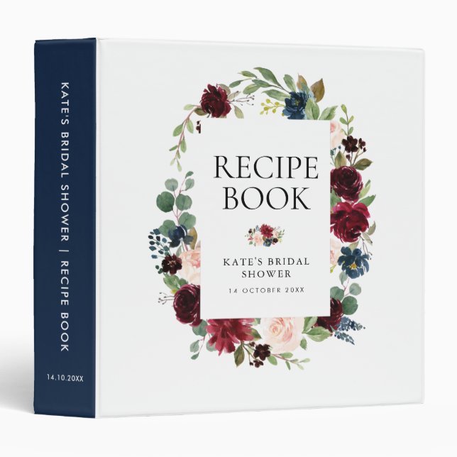 burgundy navy floral bridal shower recipe book binder (Front/Spine)