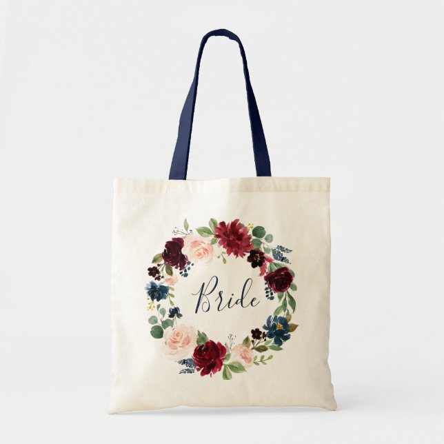 burgundy navy floral bride tote bag (Front)