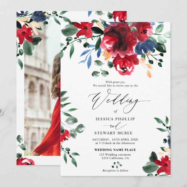 Burgundy navy floral calligraphy photo wedding invitation (Front/Back)