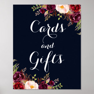 Burgundy Navy Floral Cards And Gifts Wedding Poster