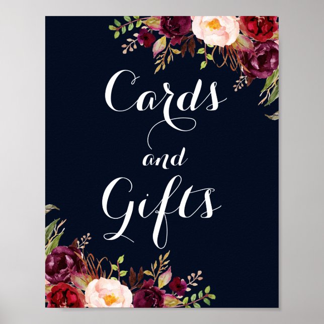 Burgundy Navy Floral Cards And Gifts Wedding Poster (Front)