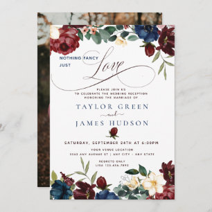 Burgundy Navy  Floral   Casual Wedding Reception  Invitation