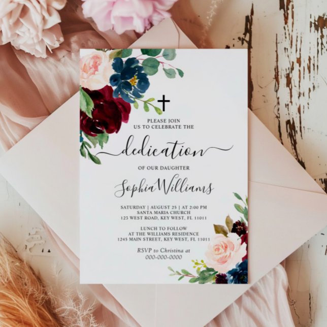 Burgundy & Navy Floral Dedication Invitation (Creator Uploaded)