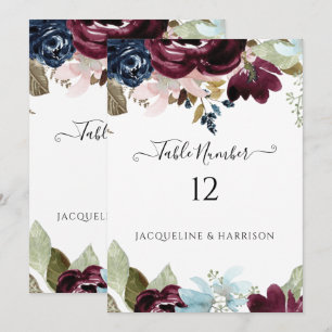 Burgundy Navy Floral Elegant Foliage Table Number
