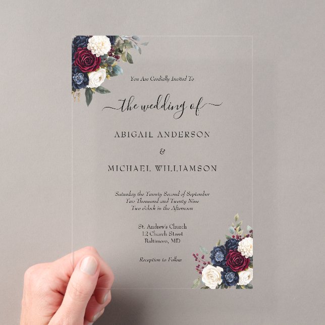 Burgundy Navy Floral Elegant Formal Script Wedding Acrylic Invitations (Insitu (Handheld))