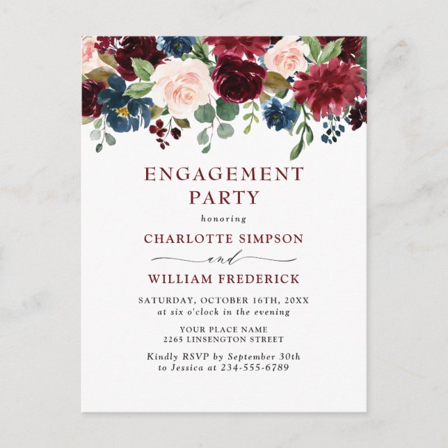 Burgundy Navy Floral ENGAGEMENT PARTY Invitations (Front)