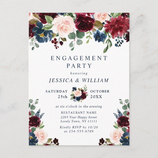 Burgundy Navy Floral ENGAGEMENT PARTY Invitations (Front)