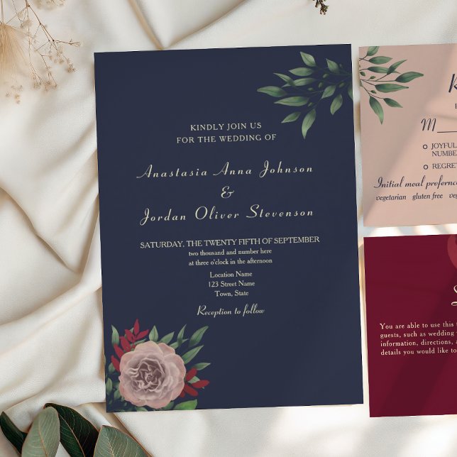 Burgundy Navy Floral Fall Wedding Invitation (Creator Uploaded)