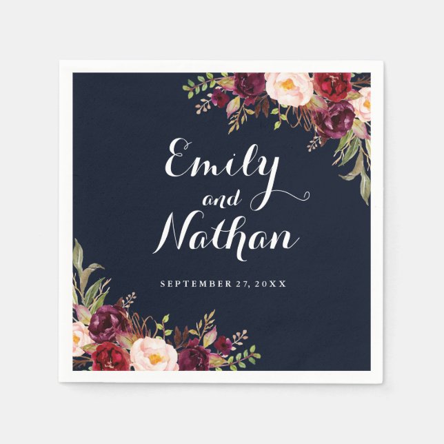 Burgundy Navy Floral Fall Wedding Napkin (Front)