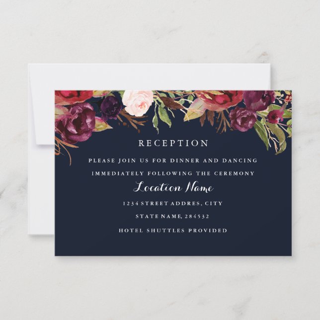 Burgundy Navy Floral Fall Wedding Reception Card (Front)