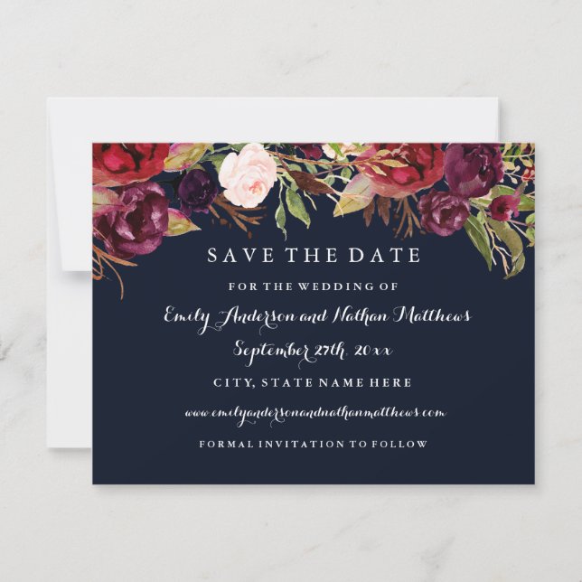 Burgundy Navy Floral Fall Wedding Save The Date (Front)