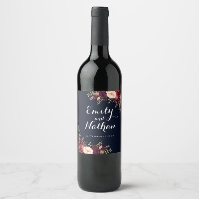 Burgundy Navy Floral Fall Wedding Wine Label (Front)