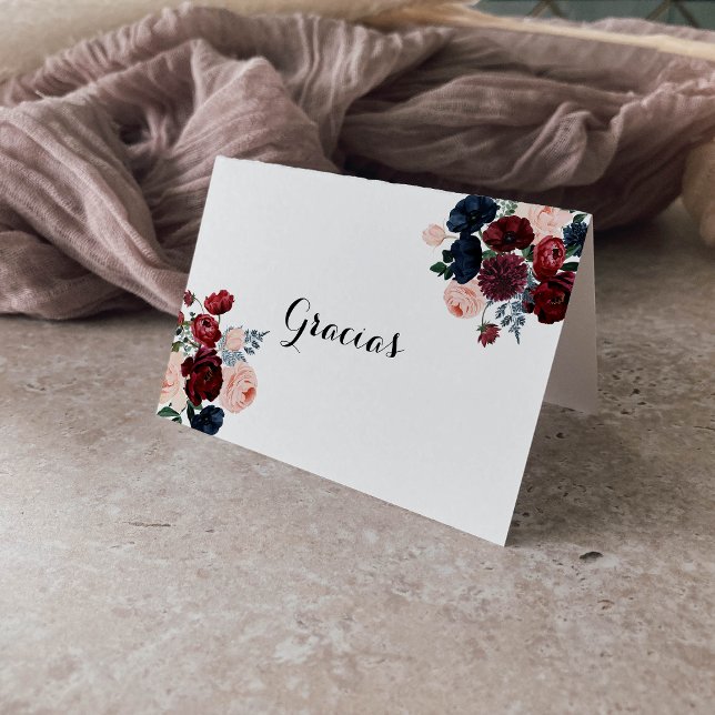 Burgundy Navy Floral Folded Wedding Gracias Card (Creator Uploaded)