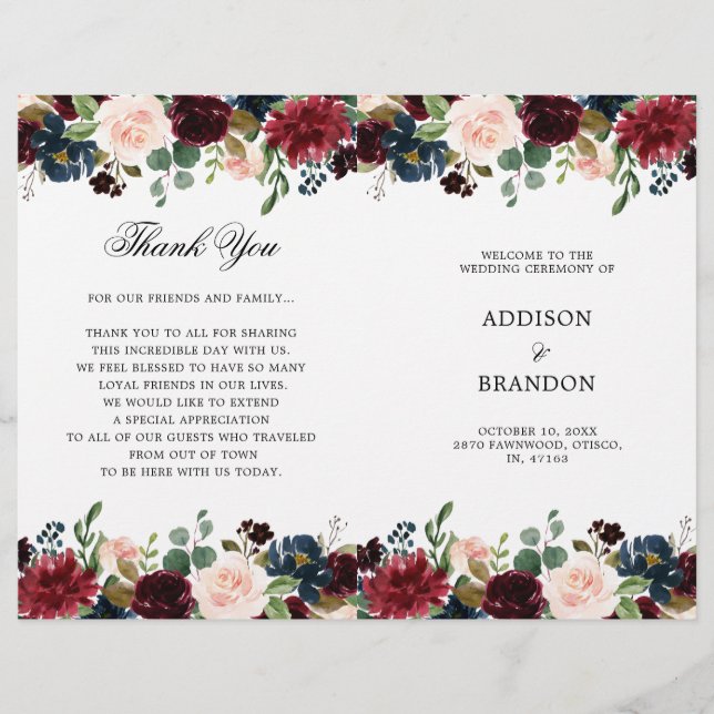 Burgundy Navy Floral Folded Wedding Program (Front)