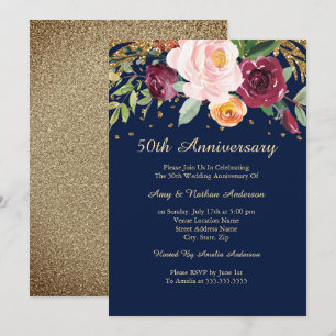 Burgundy Navy Floral Glitter 50th Anniversary Invitation