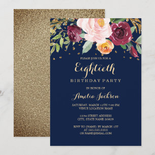 Burgundy Navy Floral Glitter 80th Birthday Party Invitation