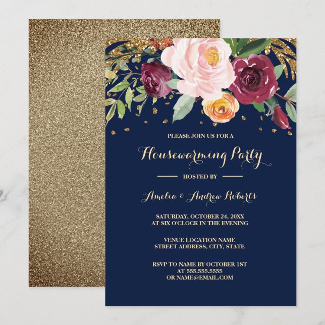 Burgundy Navy Floral Glitter Housewarming Party Invitation (Front/Back)