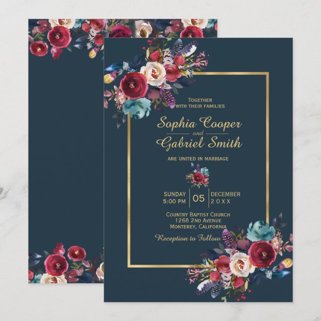 Burgundy Navy Floral Gold Frame on navy Wedding Invitation (Front/Back)