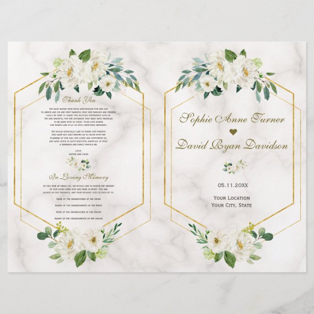 Burgundy Navy Floral Gold Frame Wedding Program (Front)