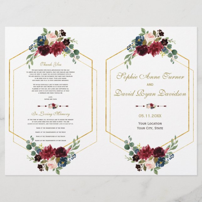 Burgundy Navy Floral Gold Frame Wedding Program (Front)