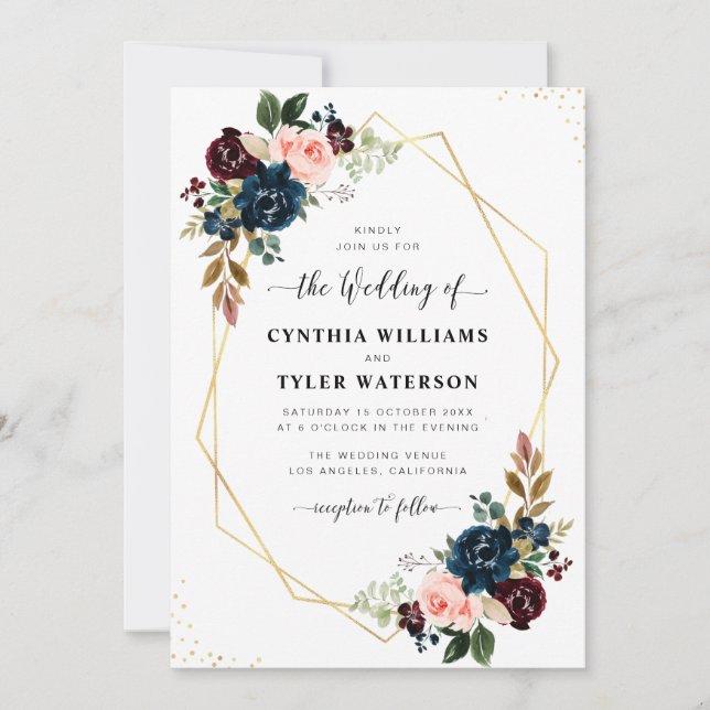 burgundy & navy floral gold geometric wedding invitation (Front)