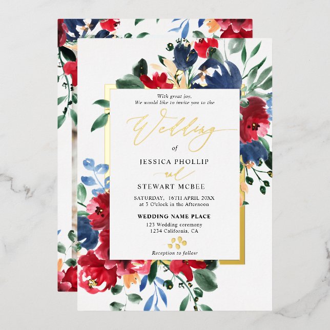 Burgundy navy floral gold script photo wedding (Front/Back)