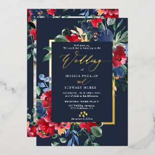Burgundy navy floral gold script photo wedding