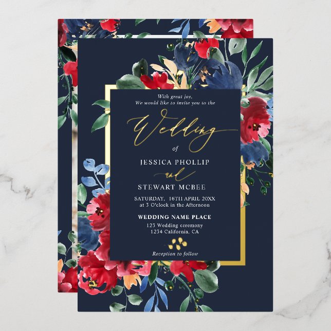Burgundy navy floral gold script photo wedding (Front/Back)