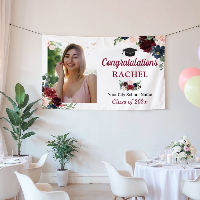 Burgundy Navy Floral Graduate Graduation Party Banner (Creator Uploaded)