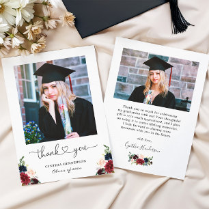 Burgundy Navy Floral Heart Script Graduation Photo Thank You Card